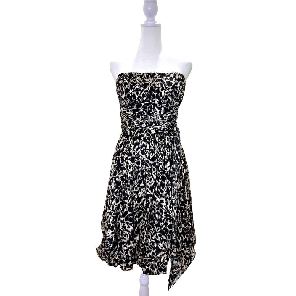 BCBGMAXAZRIA Strapless Bubble Hem Dress Black Cream Animal Print Size 4